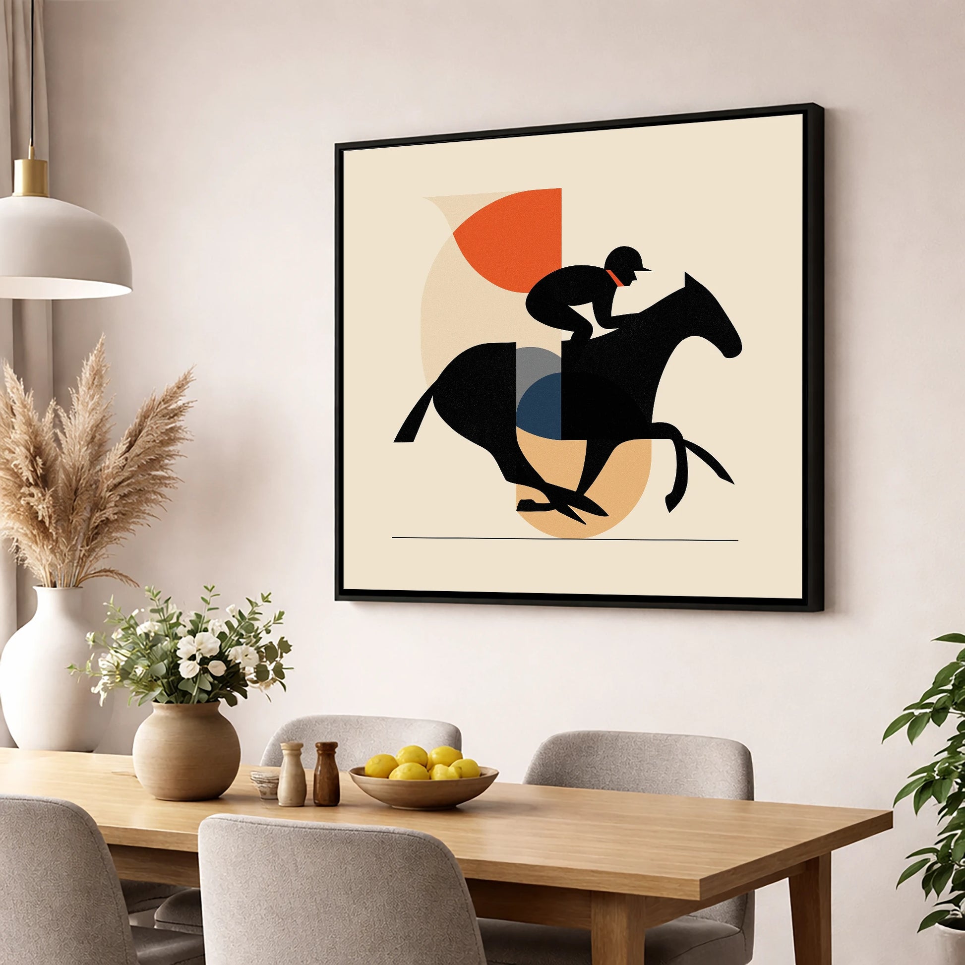 Retro Racing Silhouette racing horse wall art displayed in a dining room