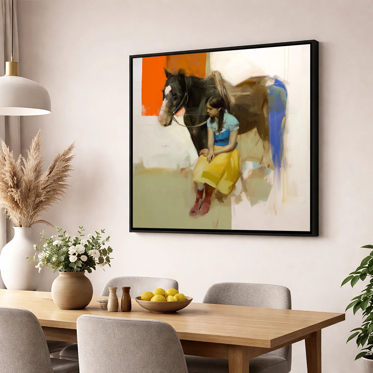 The Colour of Trust horse & rider wall art displayed in a dining room
