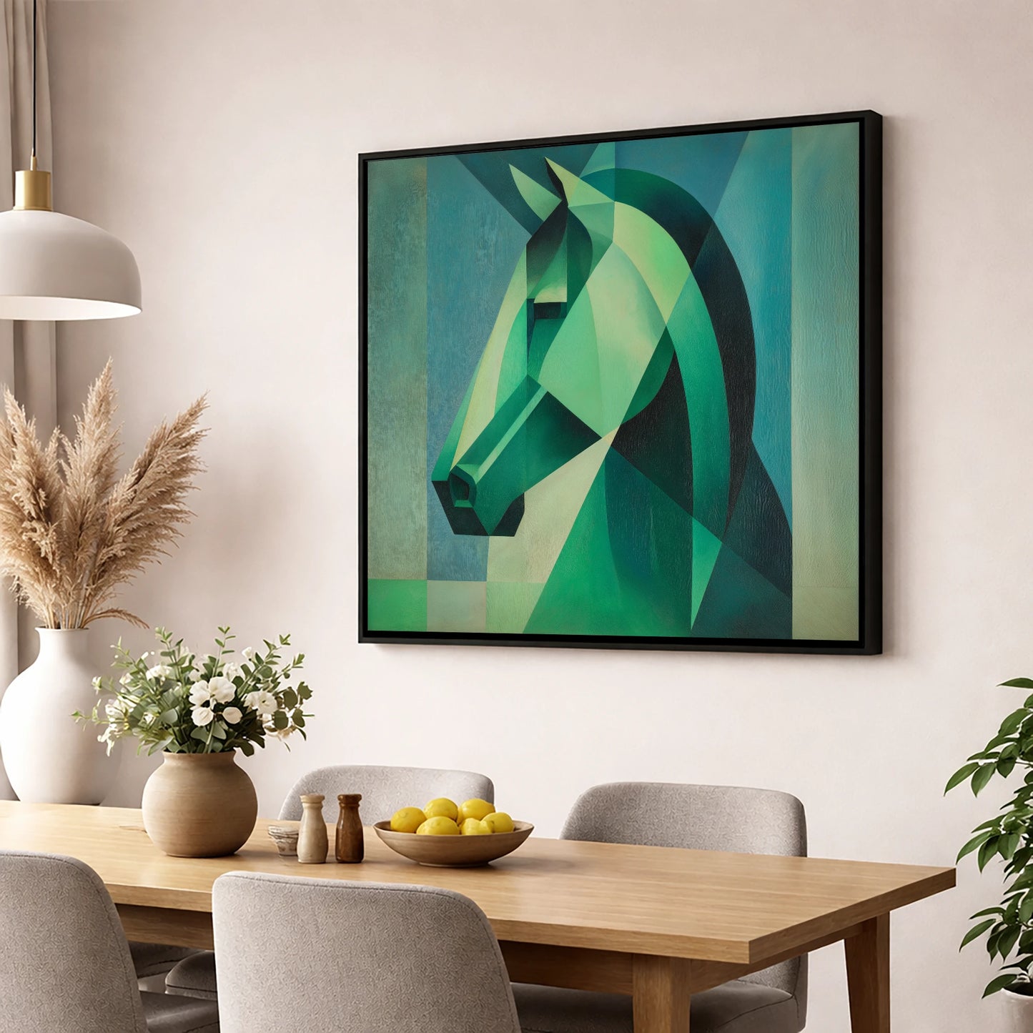 Emerald Geometric Equine horse portrait wall art displayed in a dining room