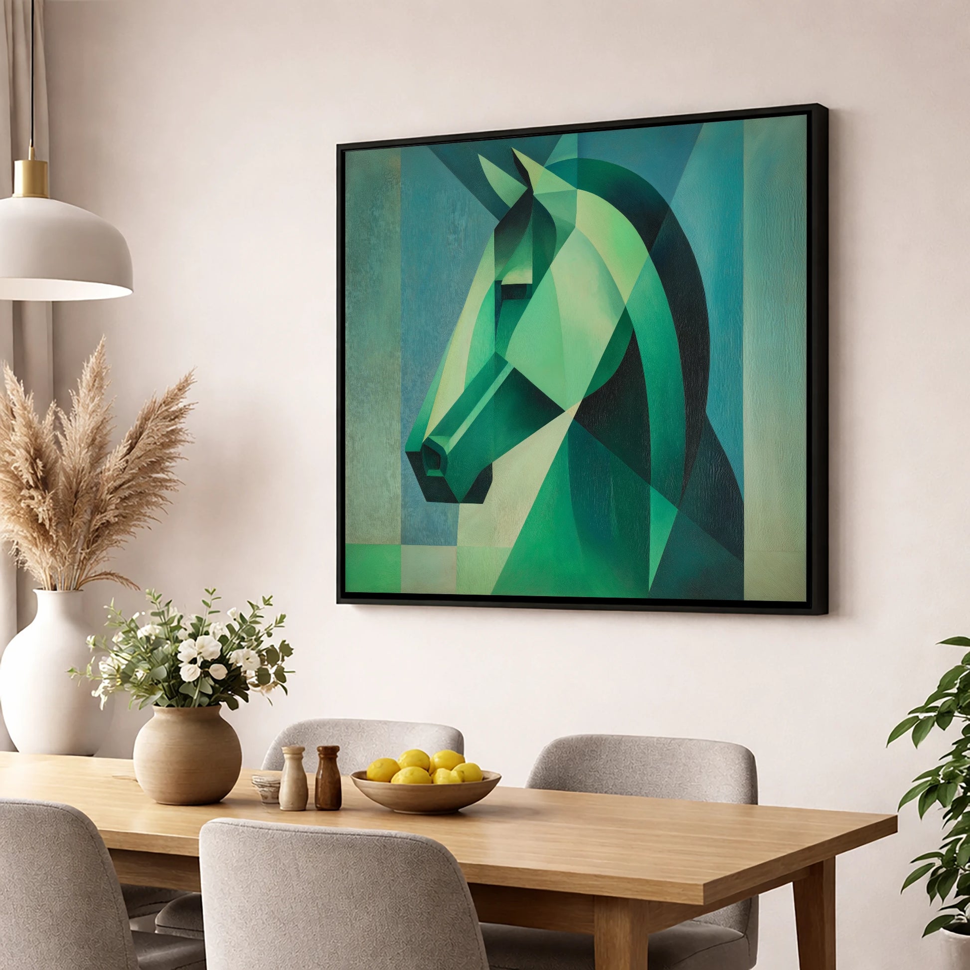 Emerald Geometric Equine horse portrait wall art displayed in a dining room
