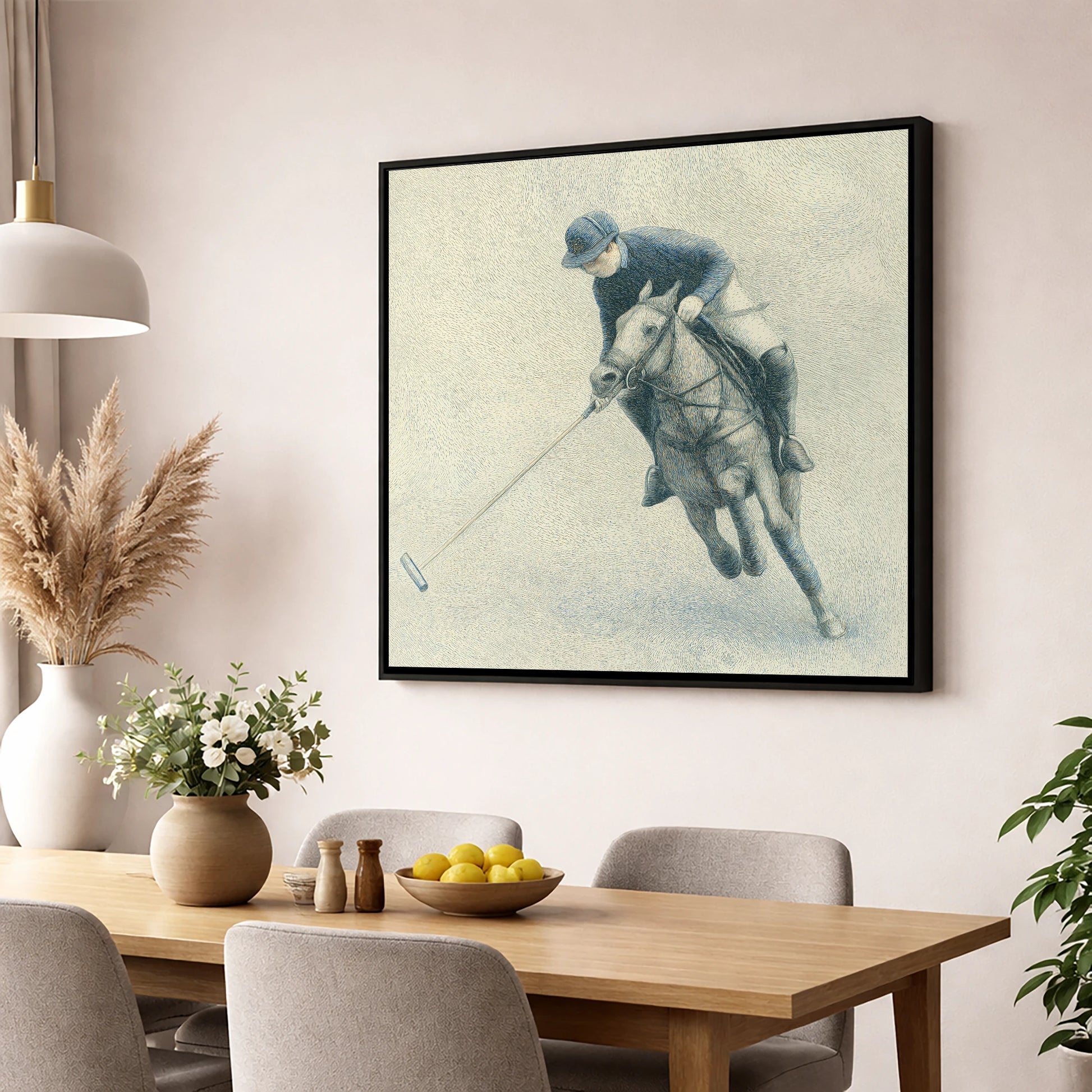 The Polo Stroke polo horse wall art displayed in a dining room