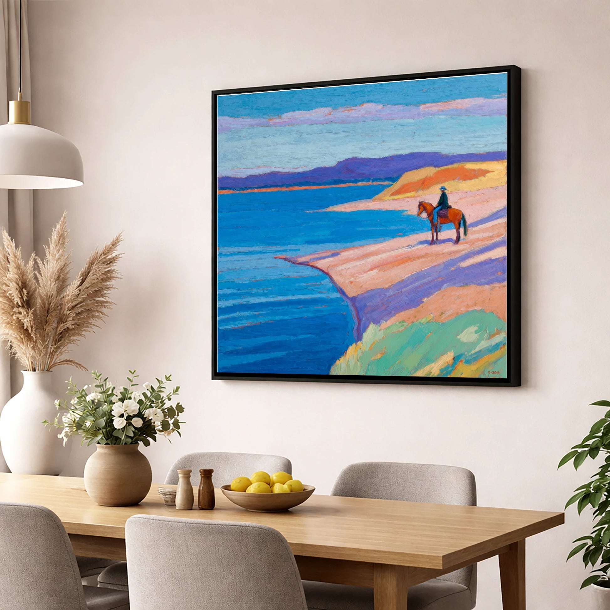 Edge of the Azure beach horse wall art displayed in a dining room