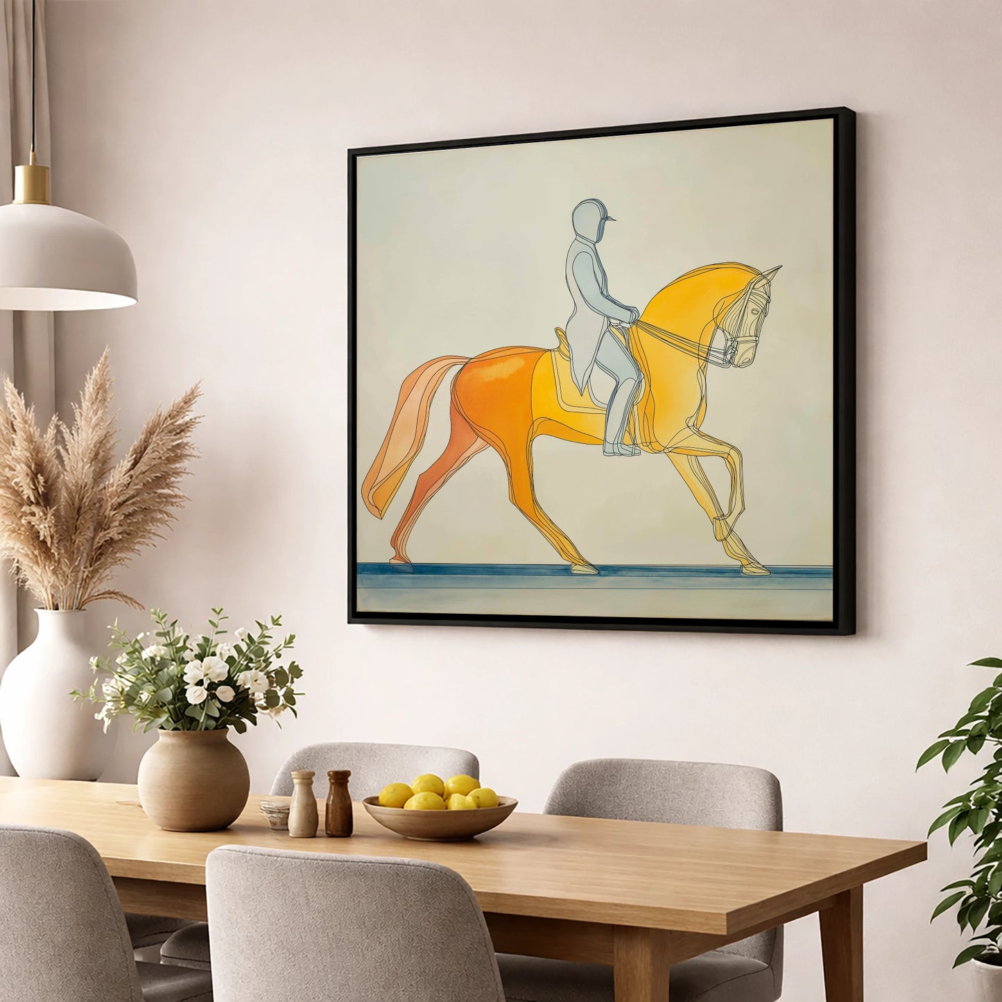 Golden Dressage Cadence dressage horse wall art displayed in a dining room