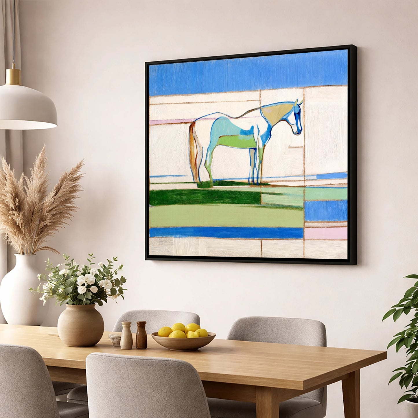 Architectural Equine Form horse portrait wall art displayed in a dining room