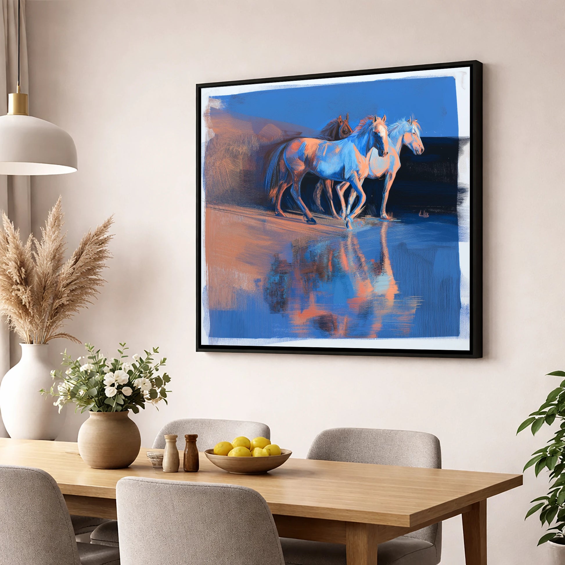 Wild Reflections at Dawn wild horses wall art displayed in a dining room