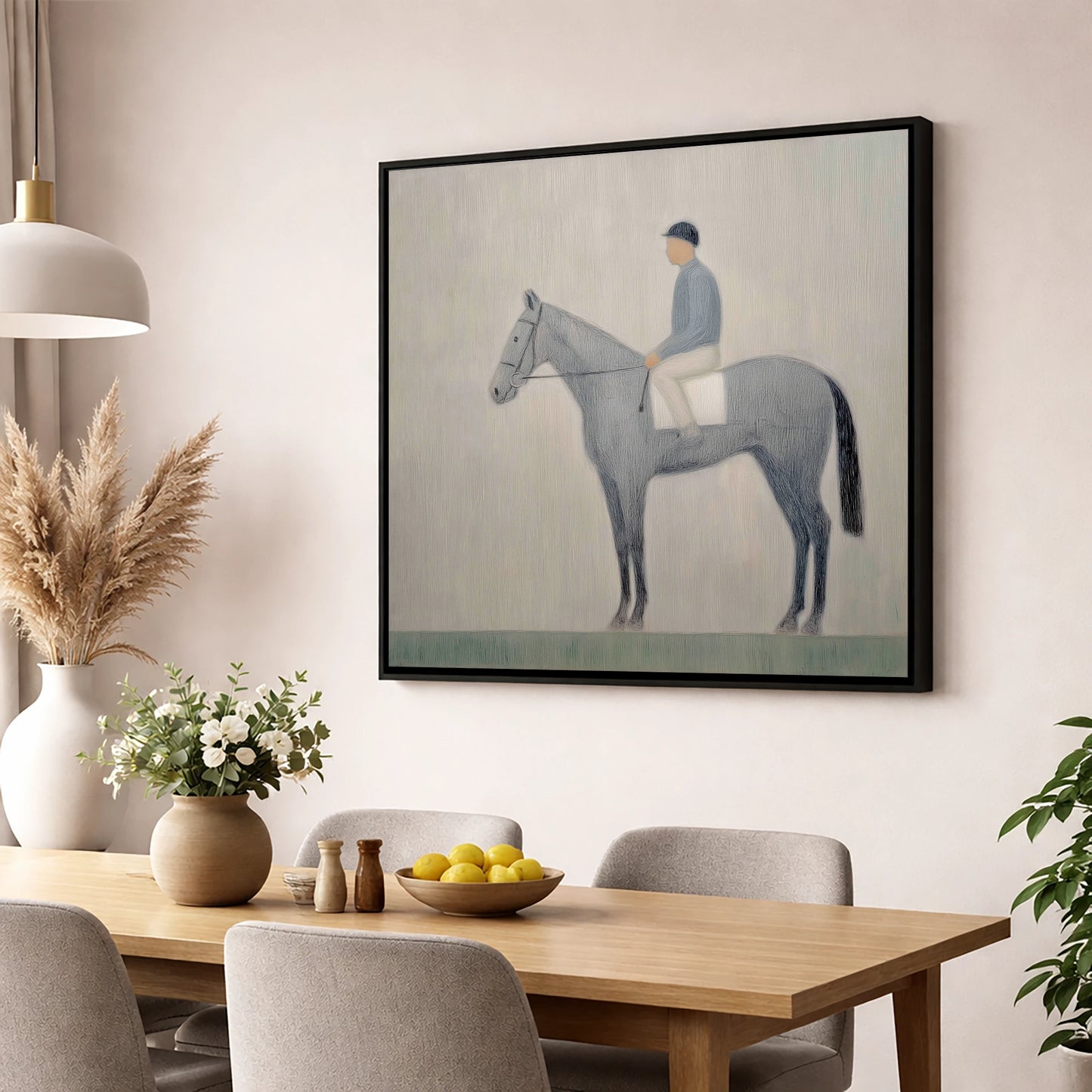 The Slate Grey Racer racing horse wall art displayed in a dining room