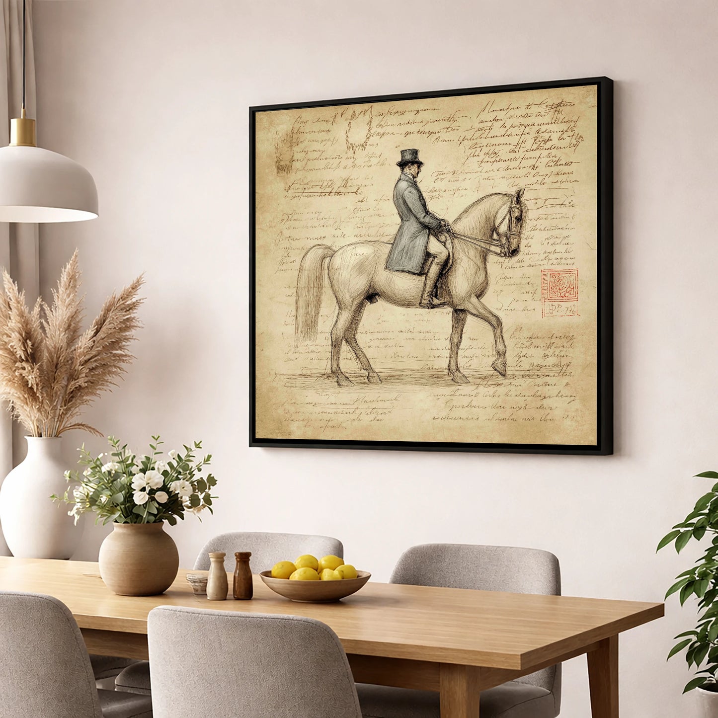Classical Equitation Study dressage horse wall art displayed in a dining room