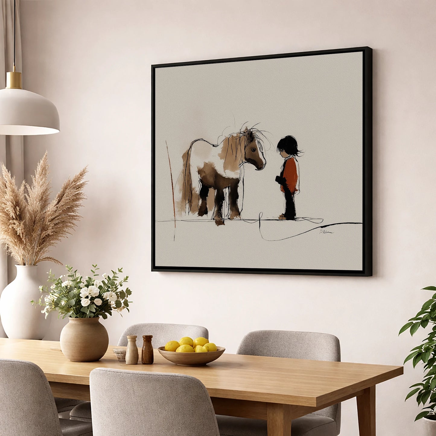 A Quiet Understanding horse & rider wall art displayed in a dining room