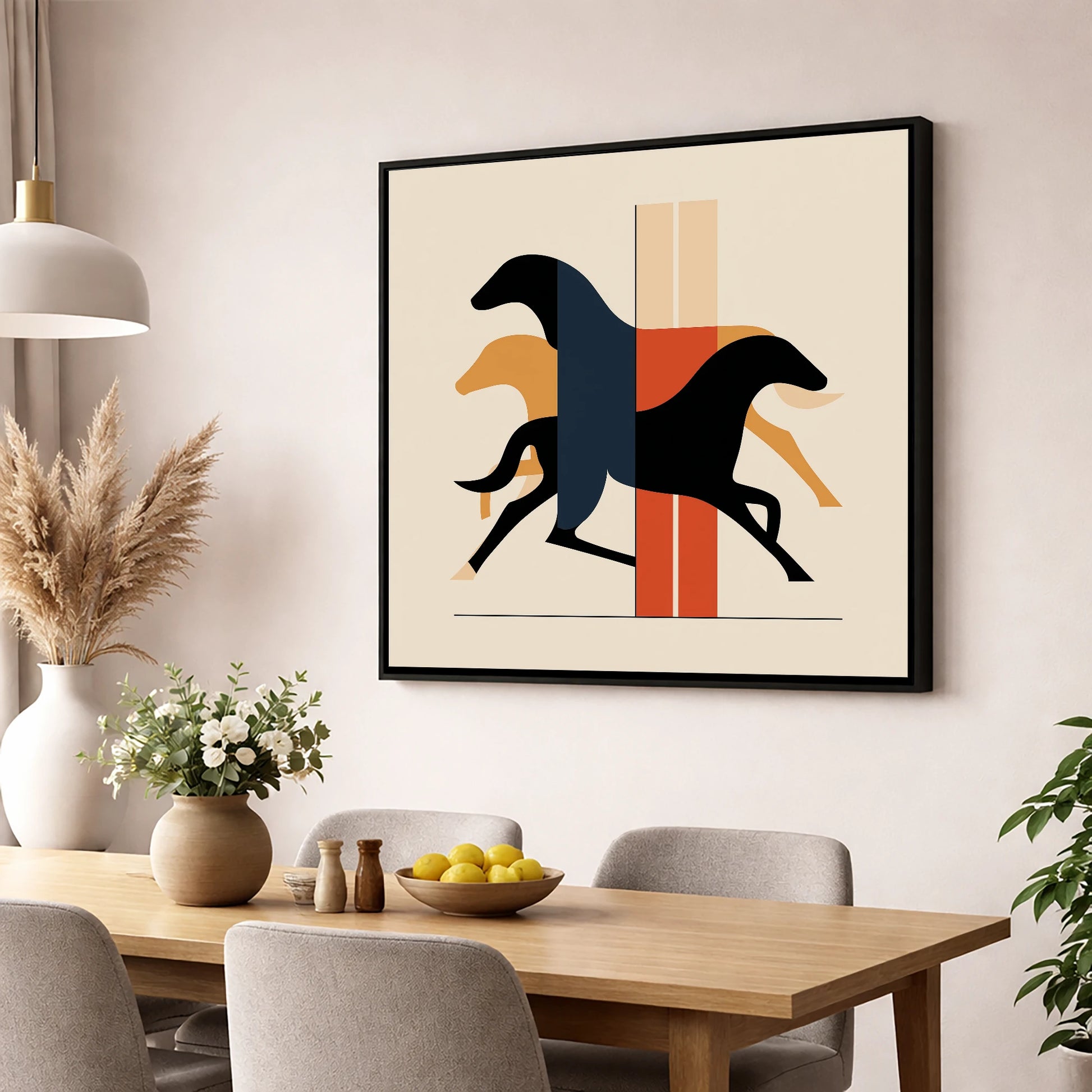 Geometric Gallop racing horse wall art displayed in a dining room