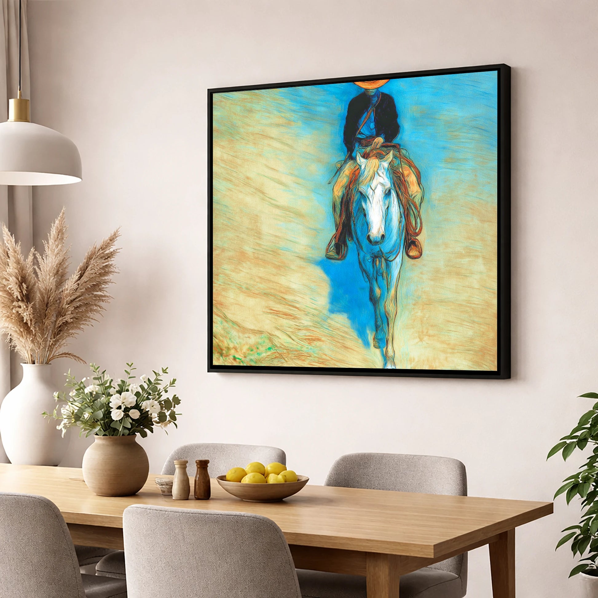 The Blue Trail Rider western horse wall art displayed in a dining room