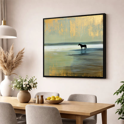 Gilded Horizon horse landscape wall art displayed in a dining room