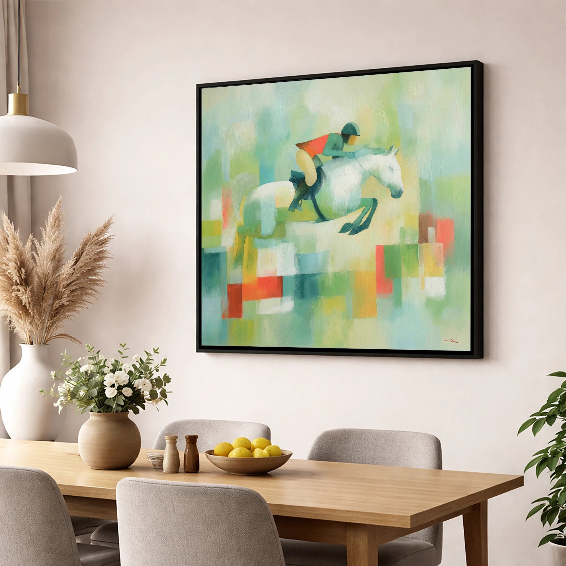 Clearing the Colours show jumping horse wall art displayed in a dining room