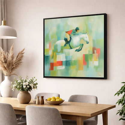 Clearing the Colours show jumping horse wall art displayed in a dining room