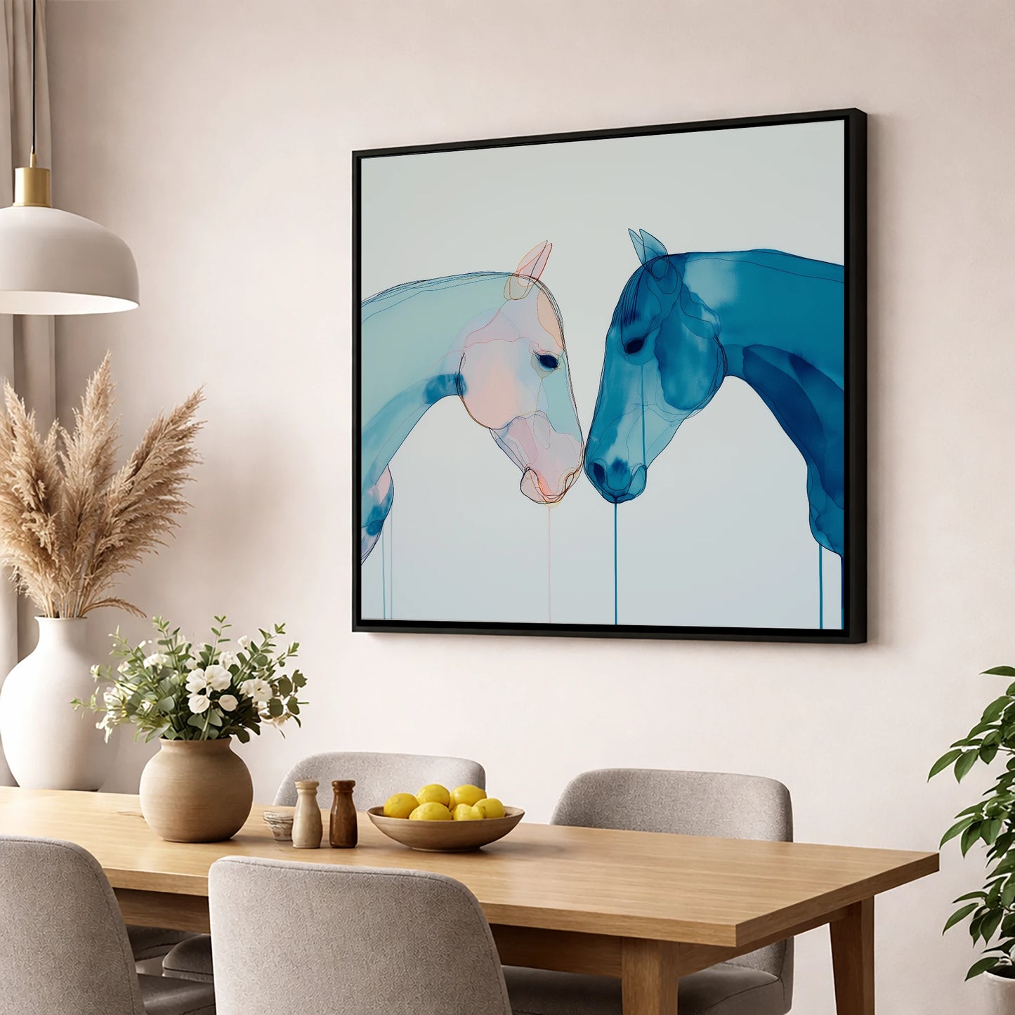 Whispered Blue Greeting horse portrait wall art displayed in a dining room