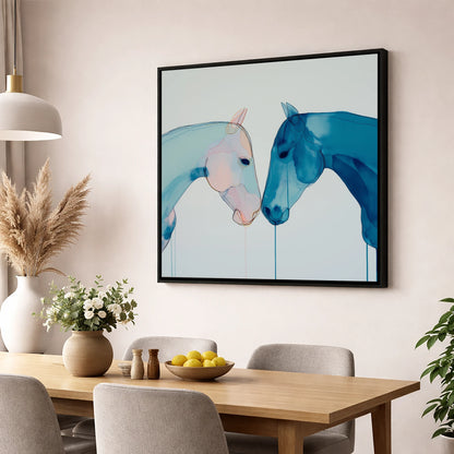 Whispered Blue Greeting horse portrait wall art displayed in a dining room