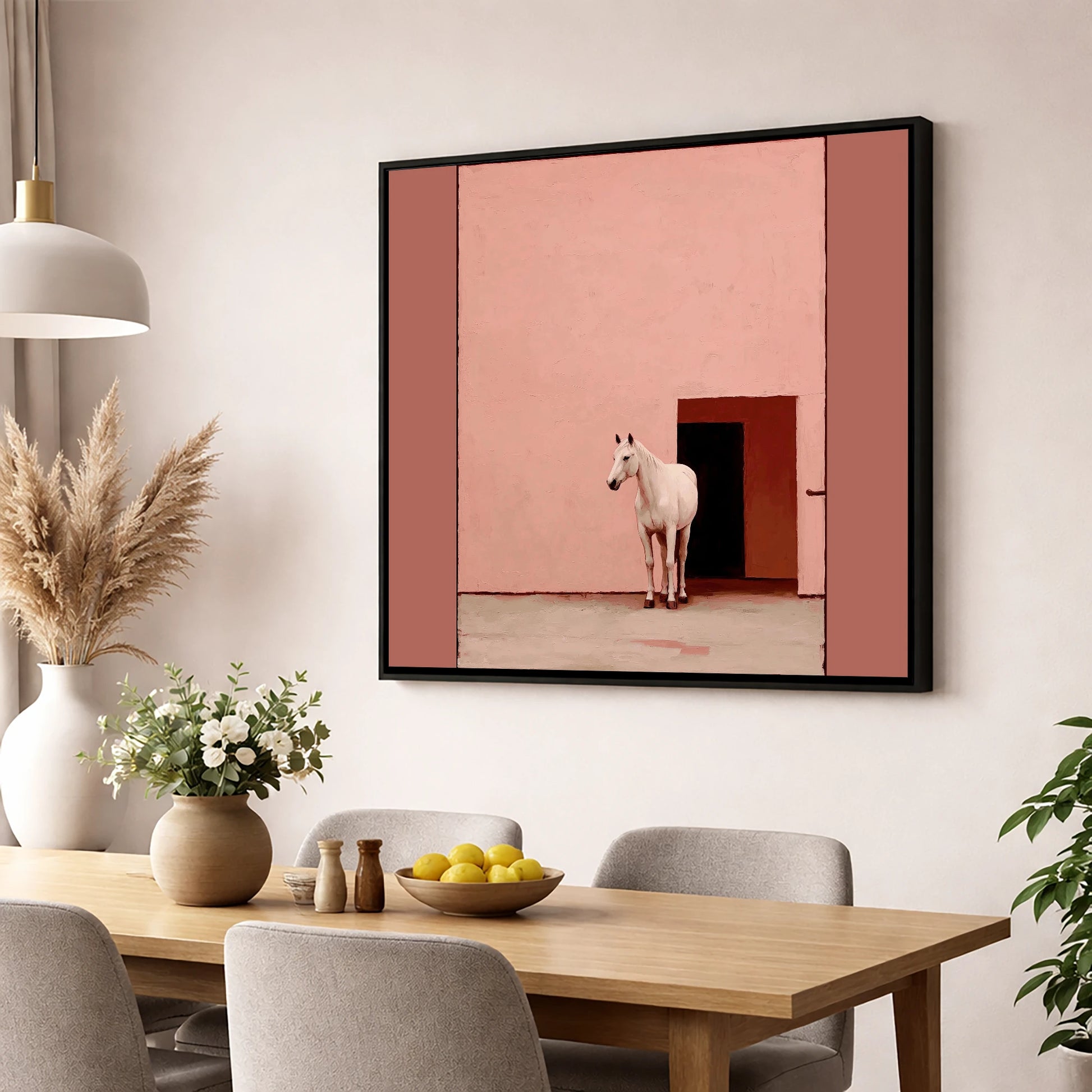 The Pink Courtyard horse stable wall art displayed in a dining room
