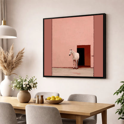 The Pink Courtyard horse stable wall art displayed in a dining room