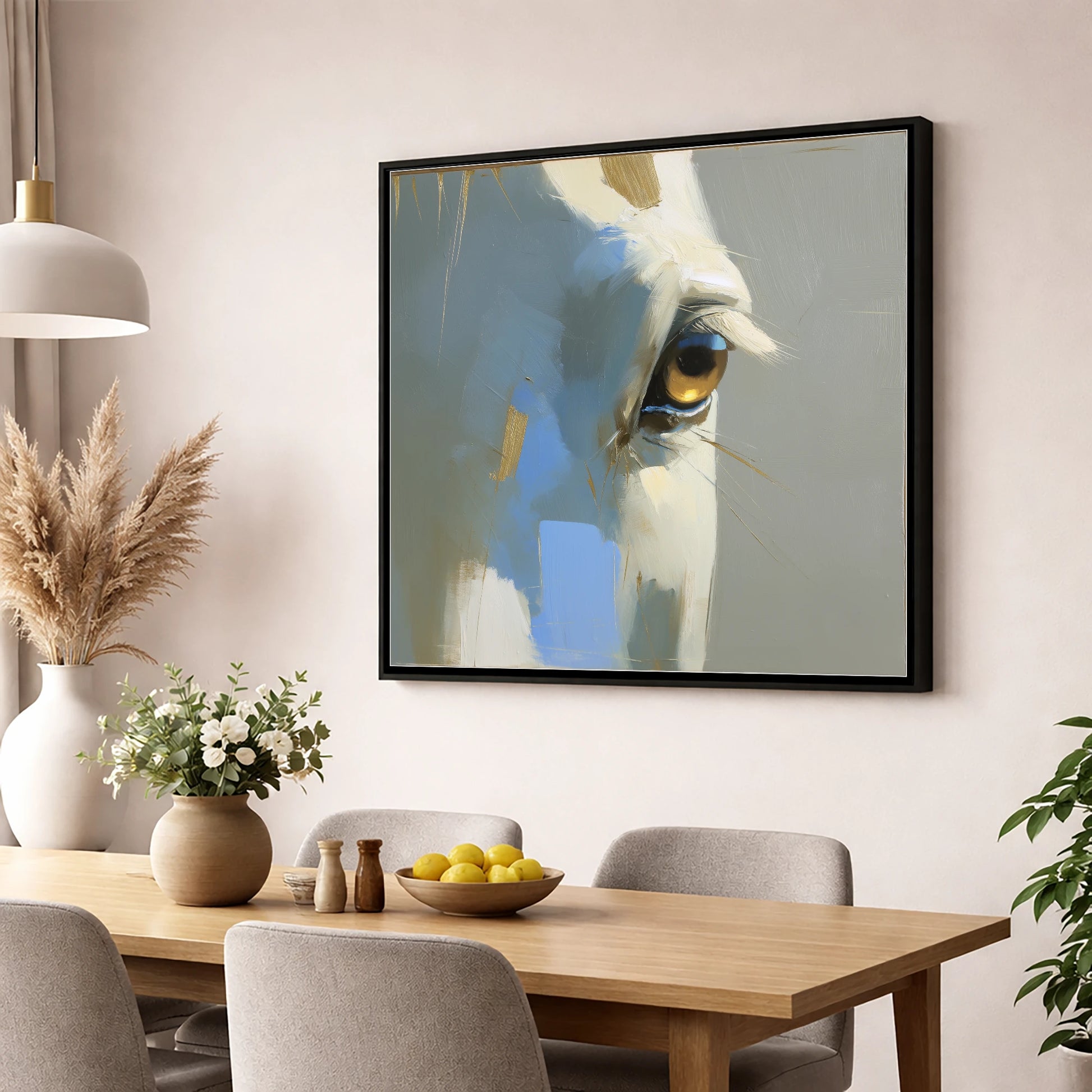 Gilded Gaze Portrait horse portrait wall art displayed in a dining room