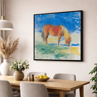 Grazing Under Cobalt Skies horse breed wall art displayed in a dining room