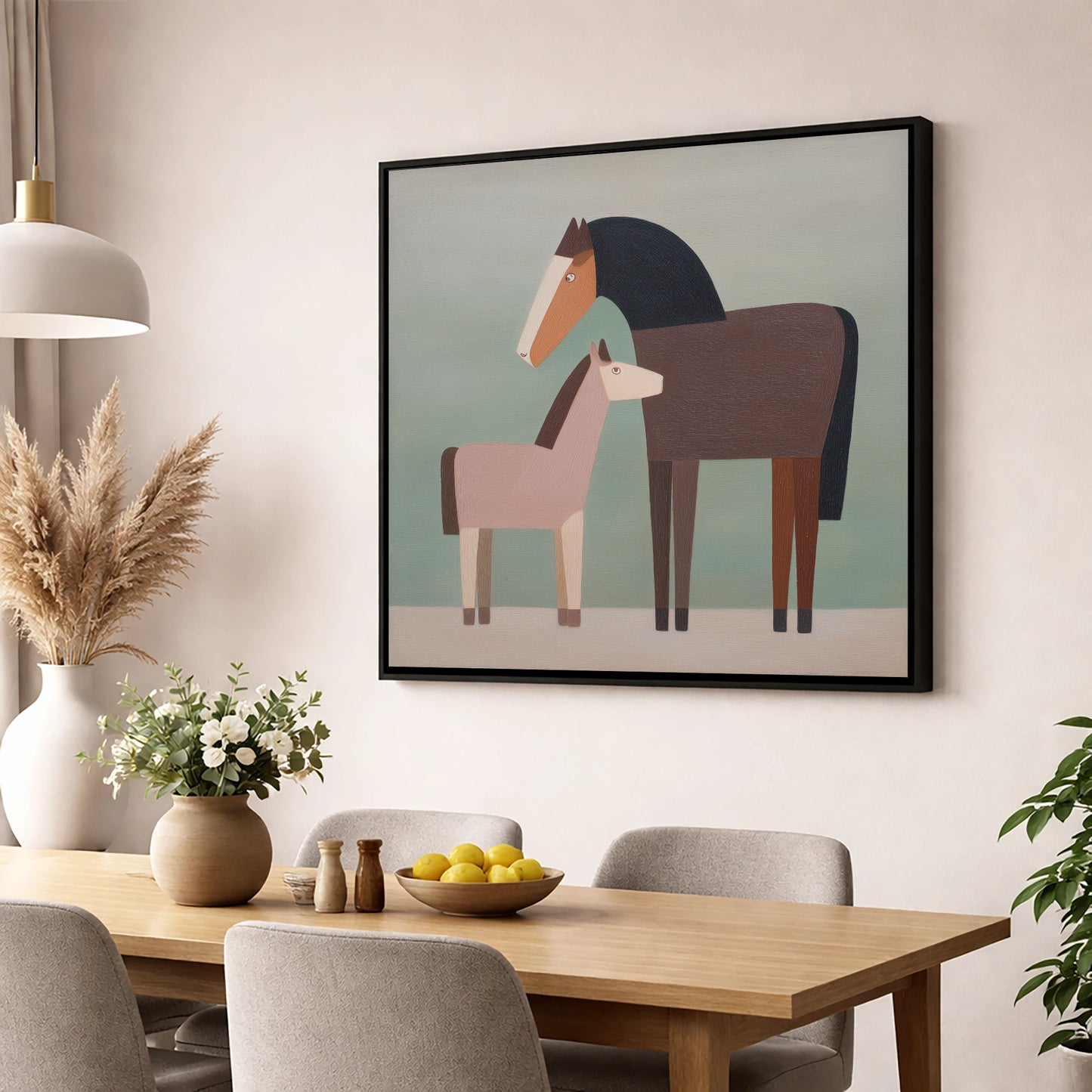 Quiet Companions mare & foal wall art displayed in a dining room