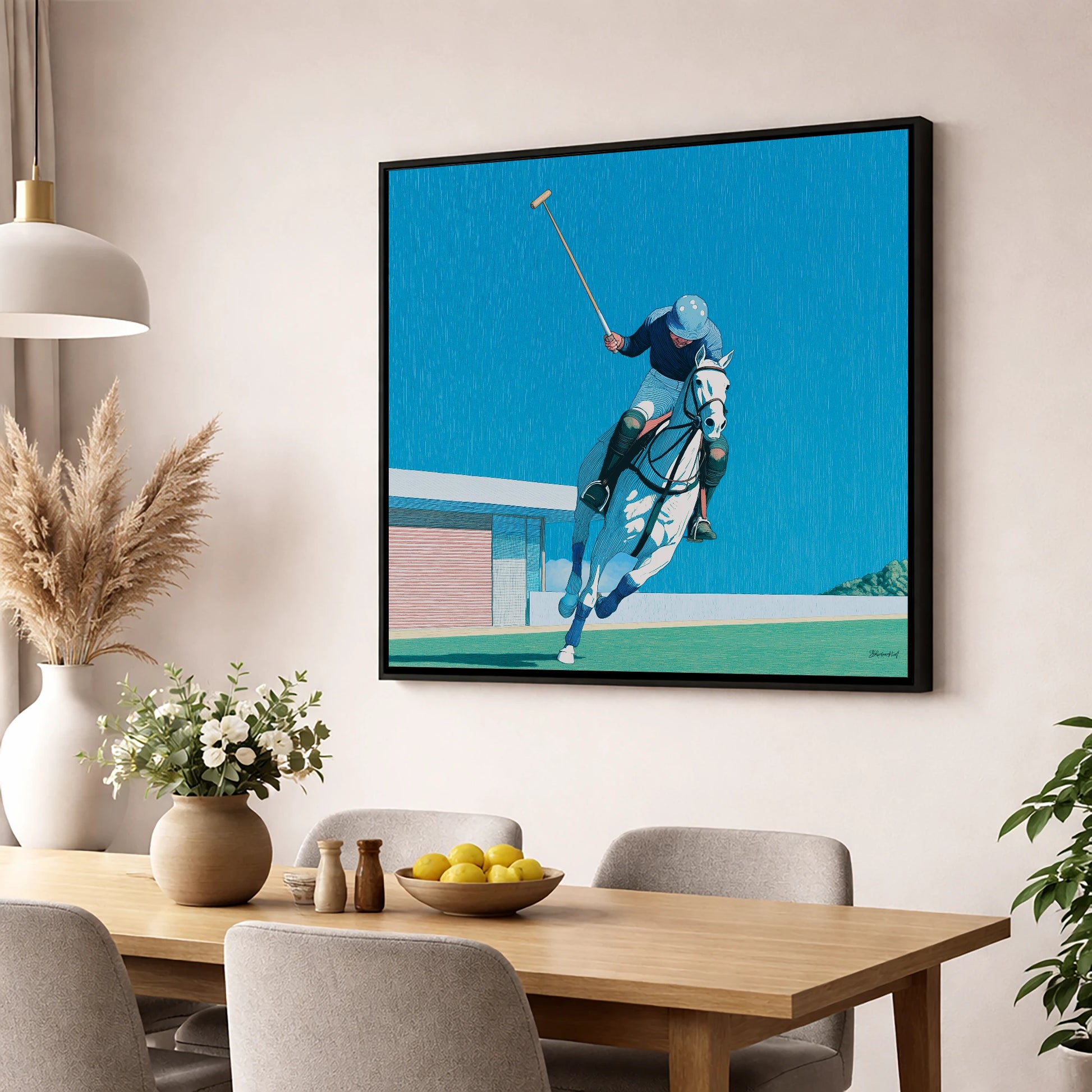 The Azure Chukka polo horse wall art displayed in a dining room