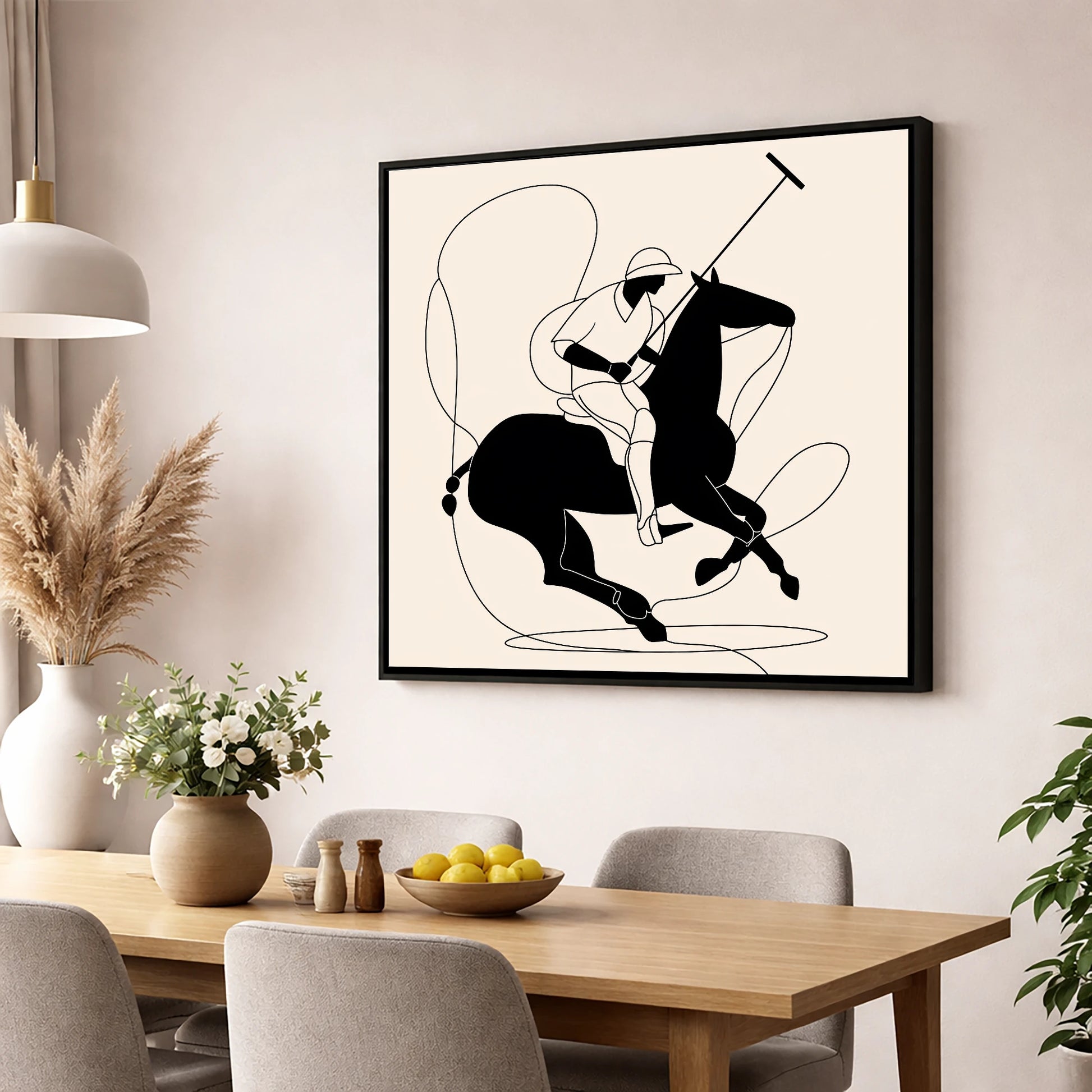 Fluid Polo Strike polo horse wall art displayed in a dining room