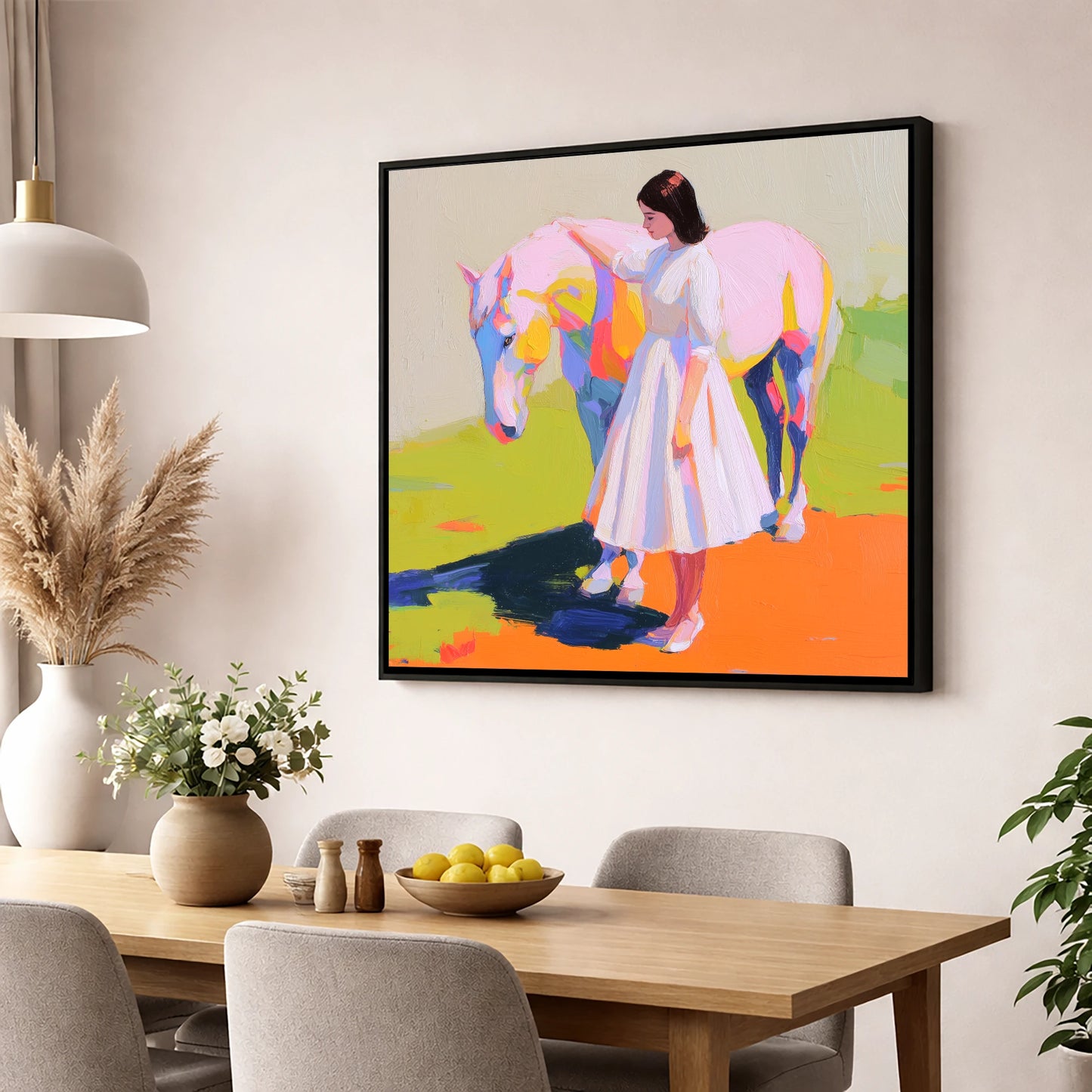 Radiant Connection horse & rider wall art displayed in a dining room