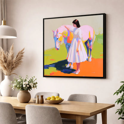 Radiant Connection horse & rider wall art displayed in a dining room