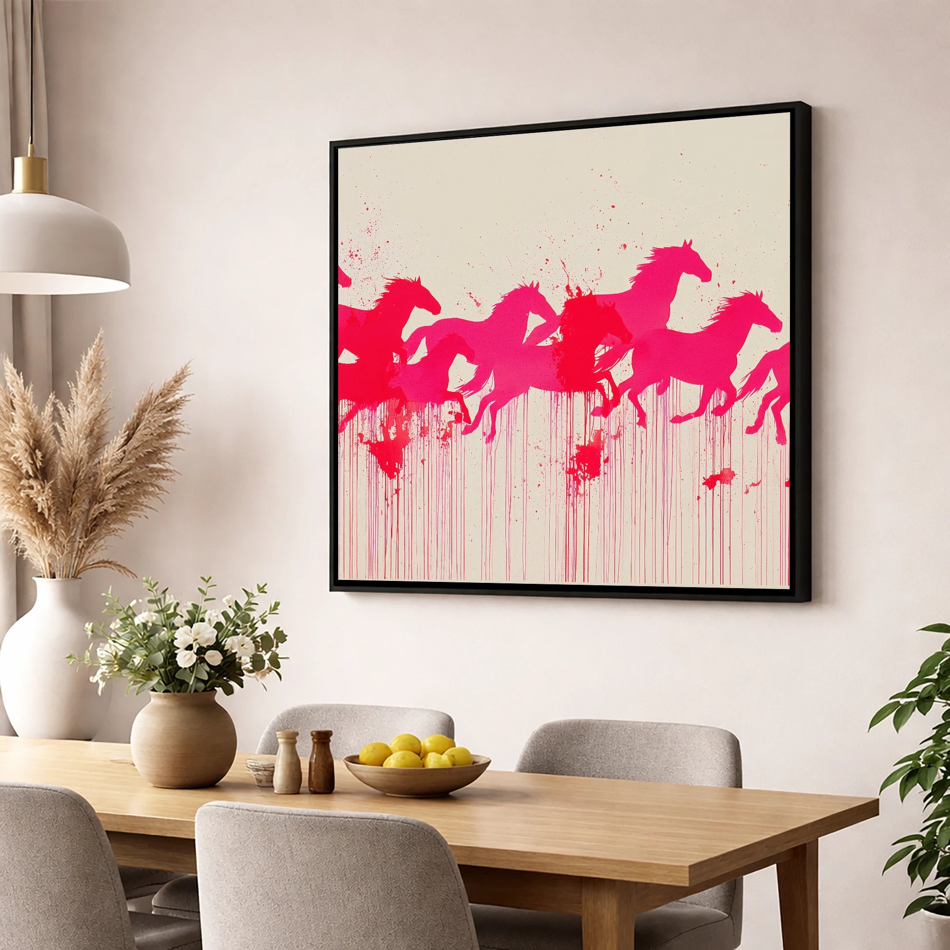 Vivid Magenta Herd wild horses wall art displayed in a dining room