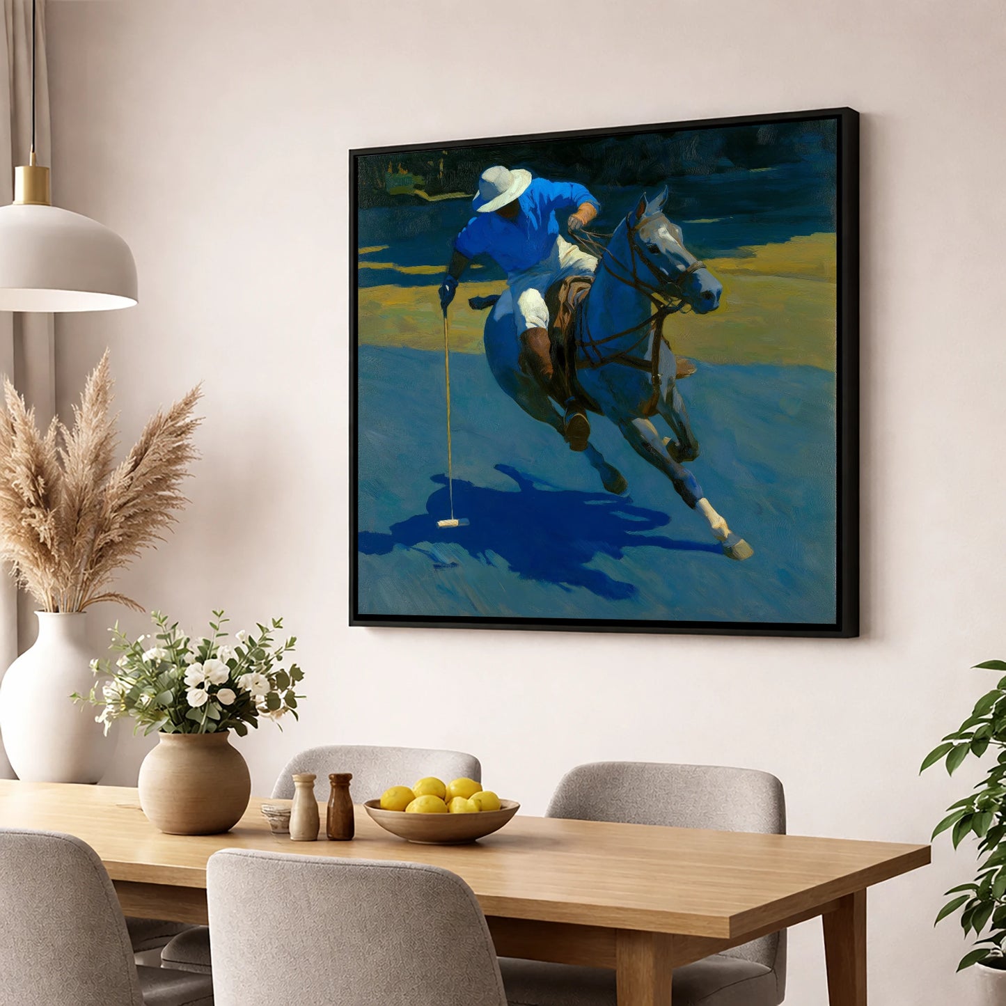Sunlit Polo Run polo horse wall art displayed in a dining room