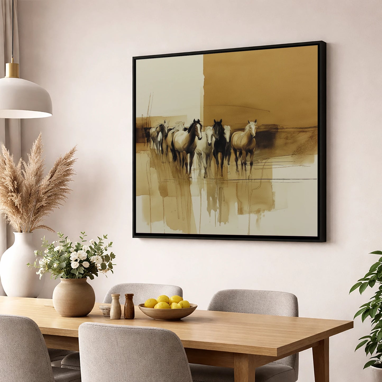 Sepia Herd Advancing wild horses wall art displayed in a dining room