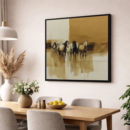 Sepia Herd Advancing wild horses wall art displayed in a dining room
