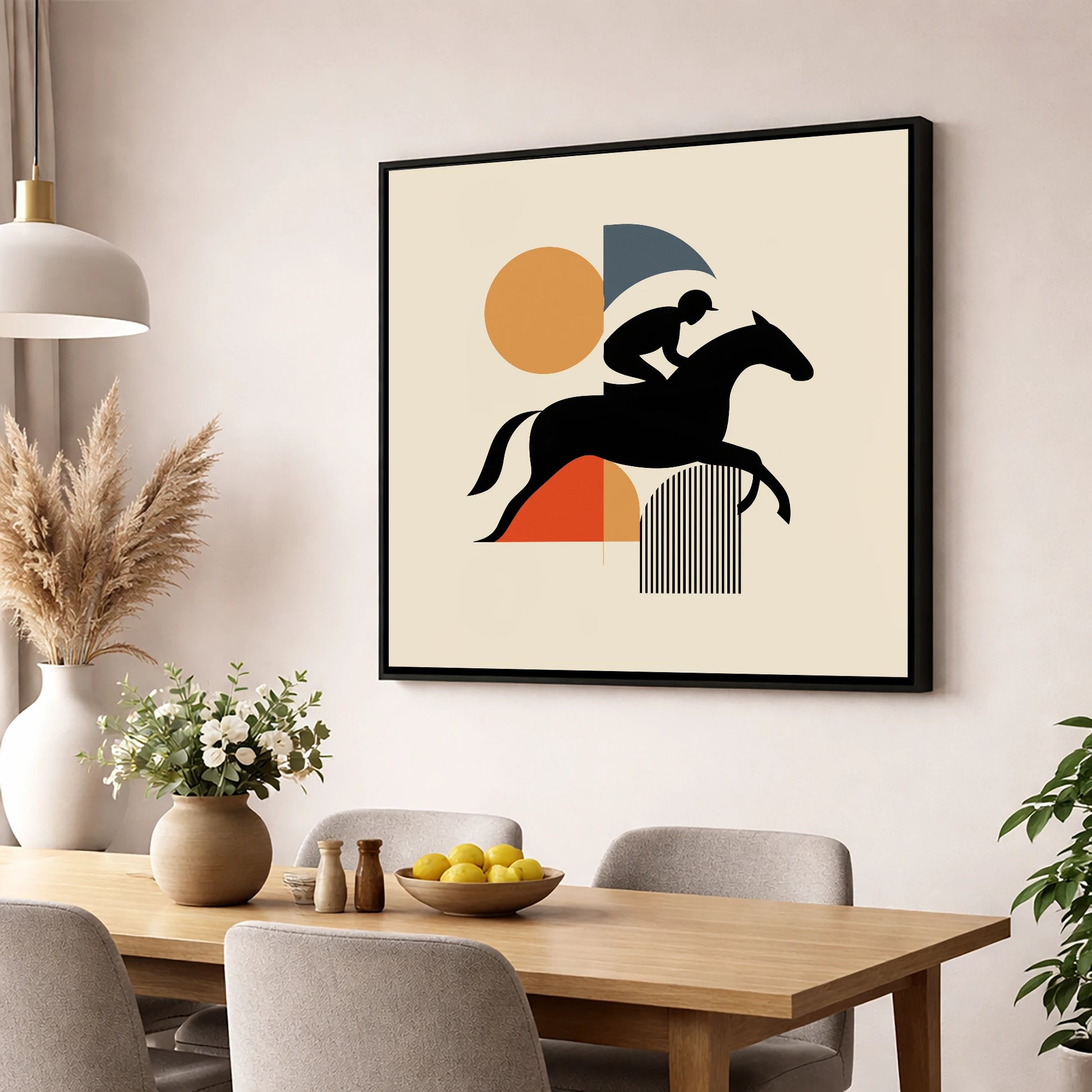 Mid-Century Racing Silhouette racing horse wall art displayed in a dining room