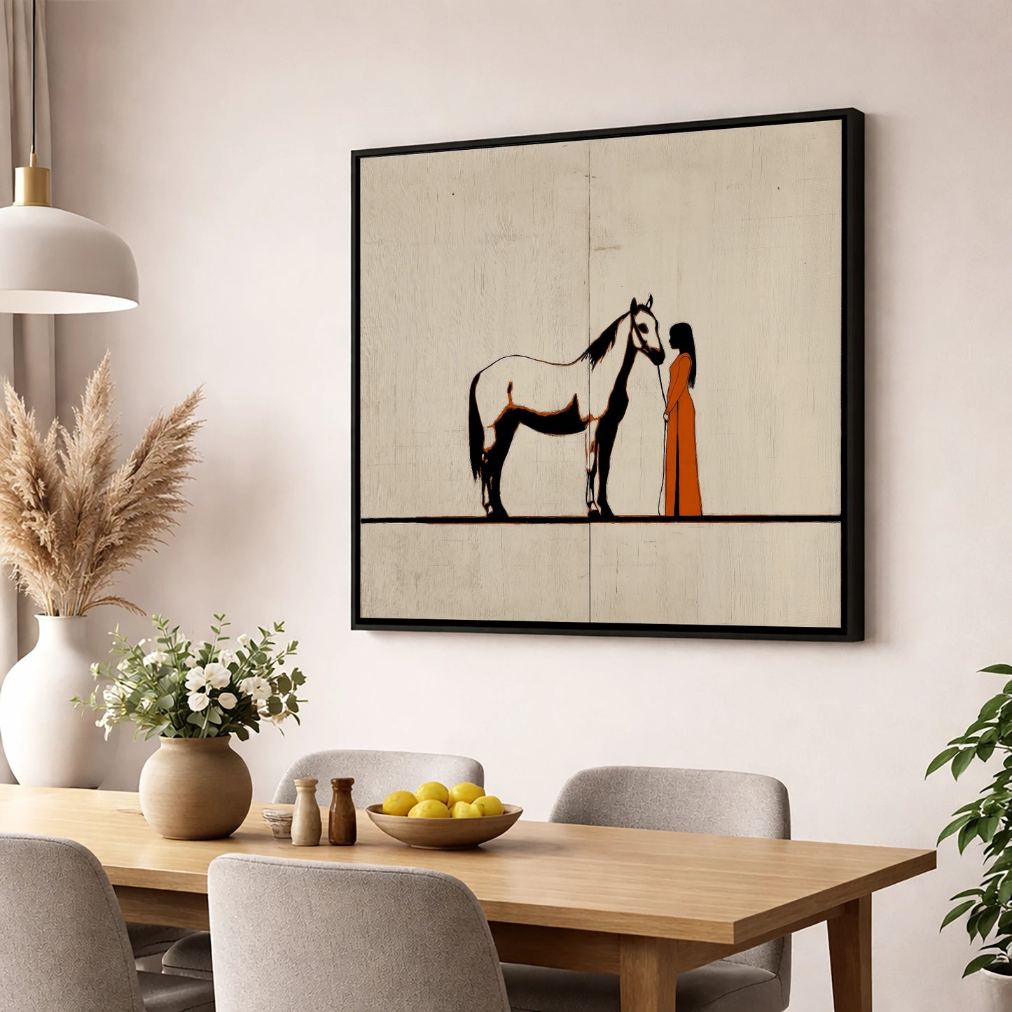 Quiet Connection horse & rider wall art displayed in a dining room