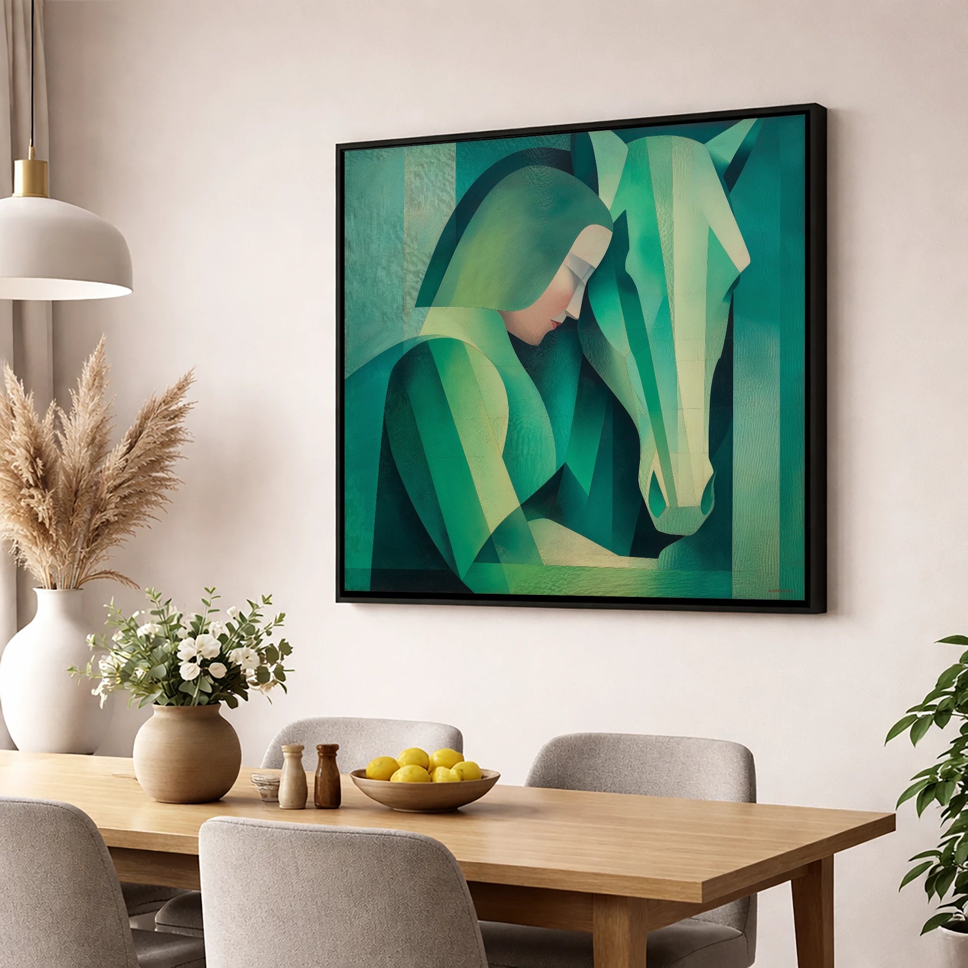The Emerald Bond horse & rider wall art displayed in a dining room