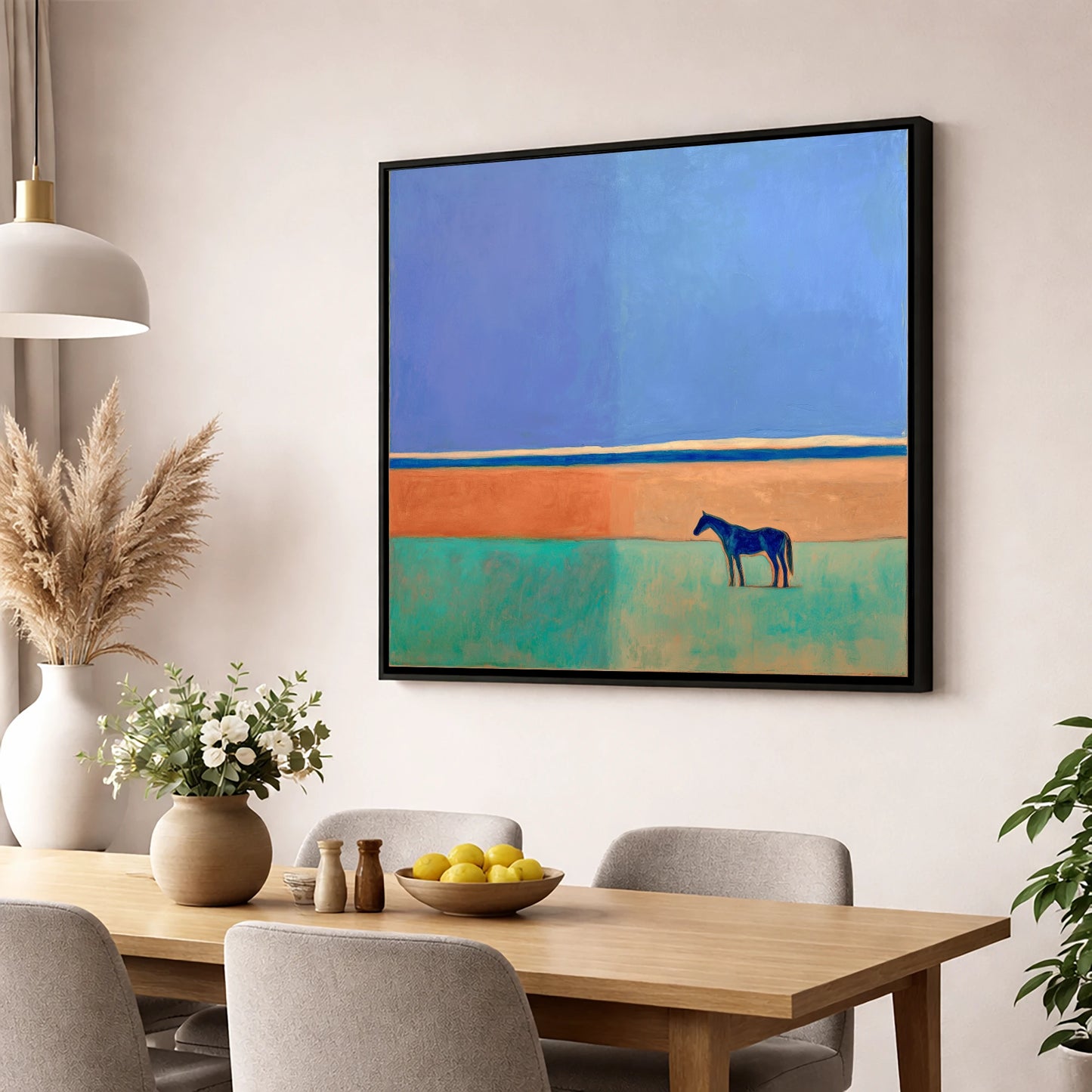 Cobalt Horizon horse landscape wall art displayed in a dining room
