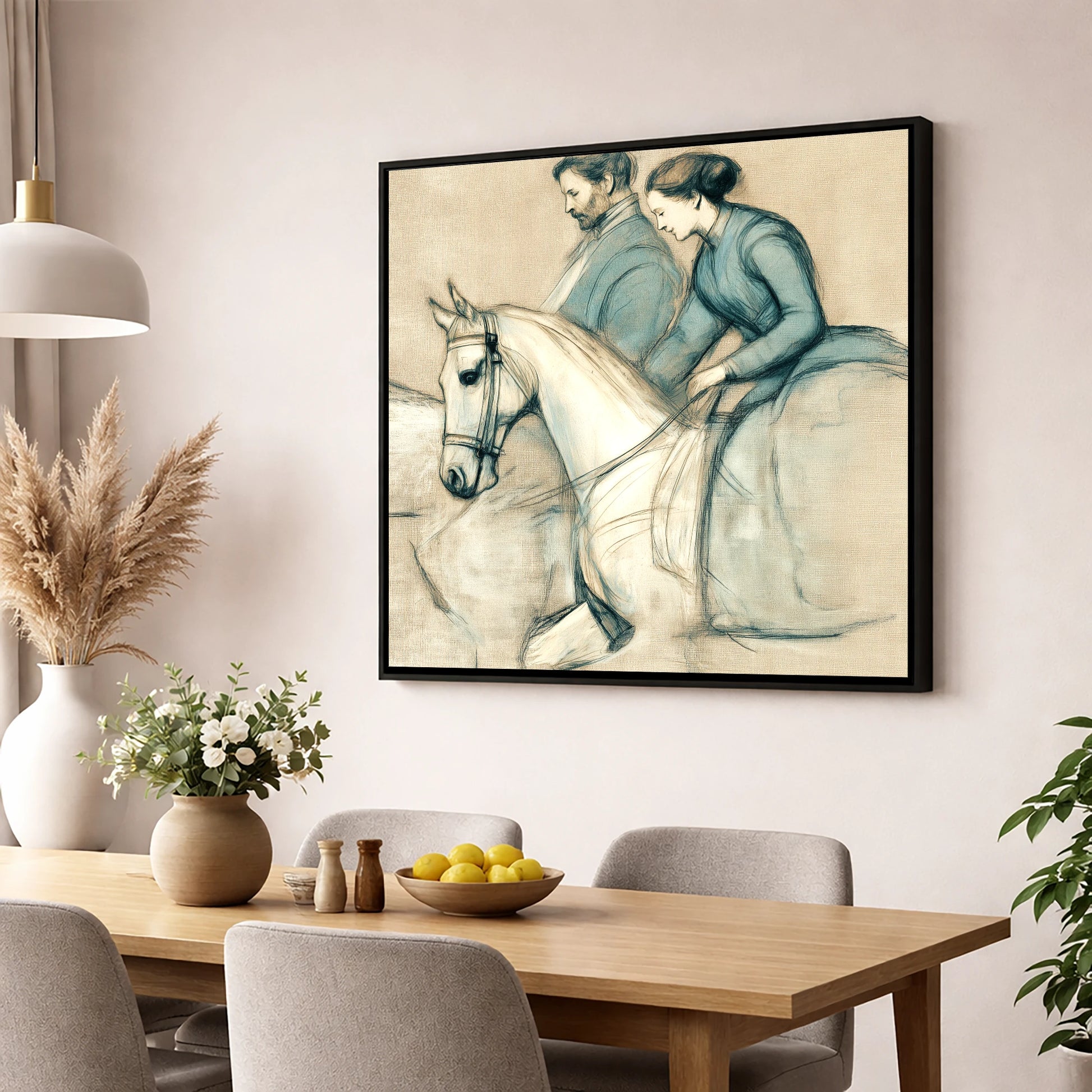 The Shared Journey horse & rider wall art displayed in a dining room