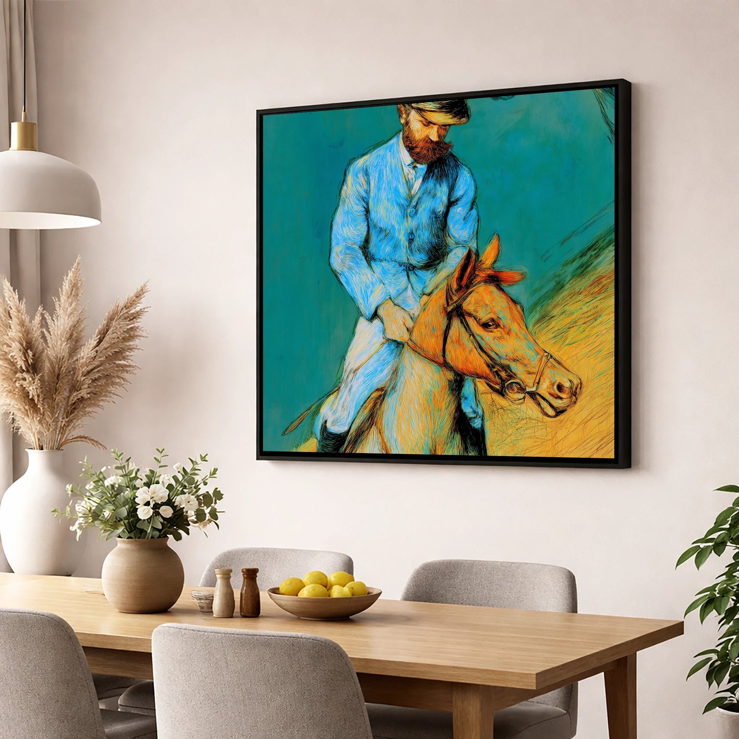 The Cerulean Rider racing horse wall art displayed in a dining room