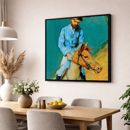 The Cerulean Rider racing horse wall art displayed in a dining room