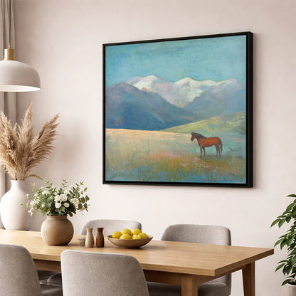 Alpine Solitude horse landscape wall art displayed in a dining room