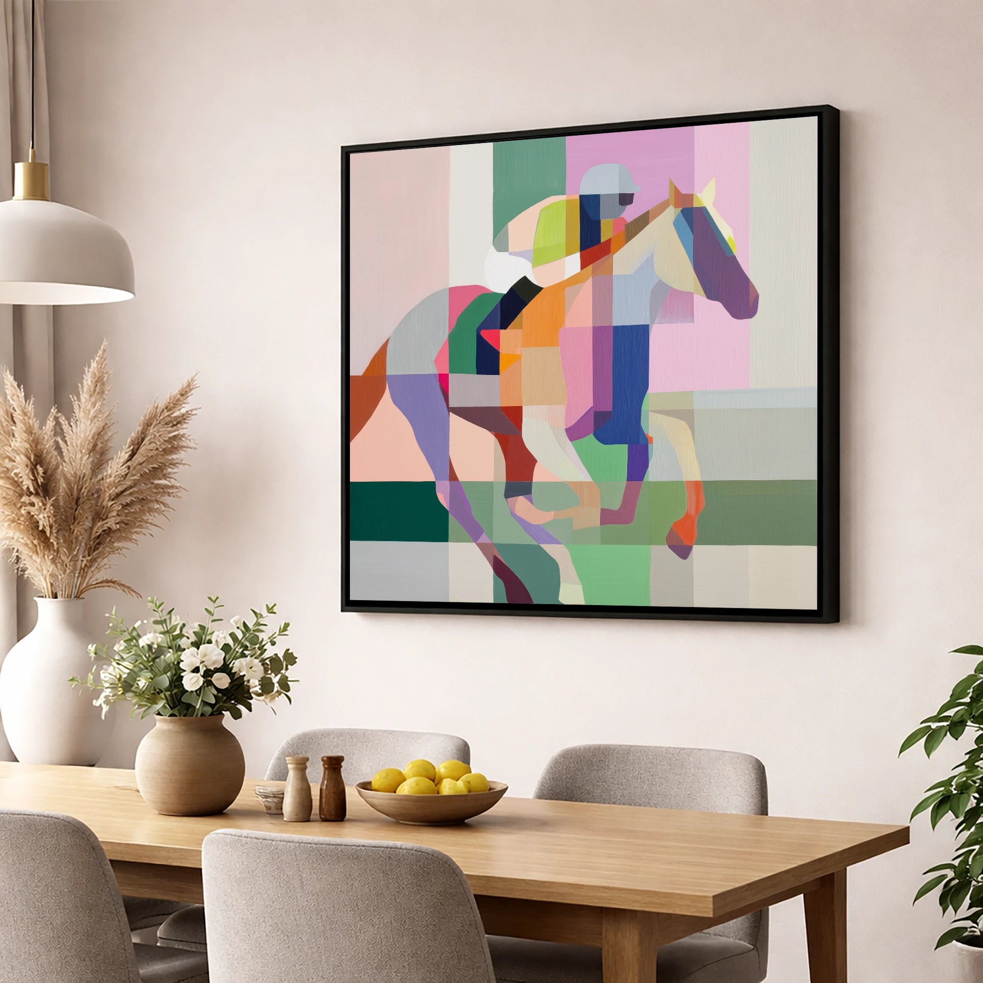 The Prismatic Gallop racing horse wall art displayed in a dining room
