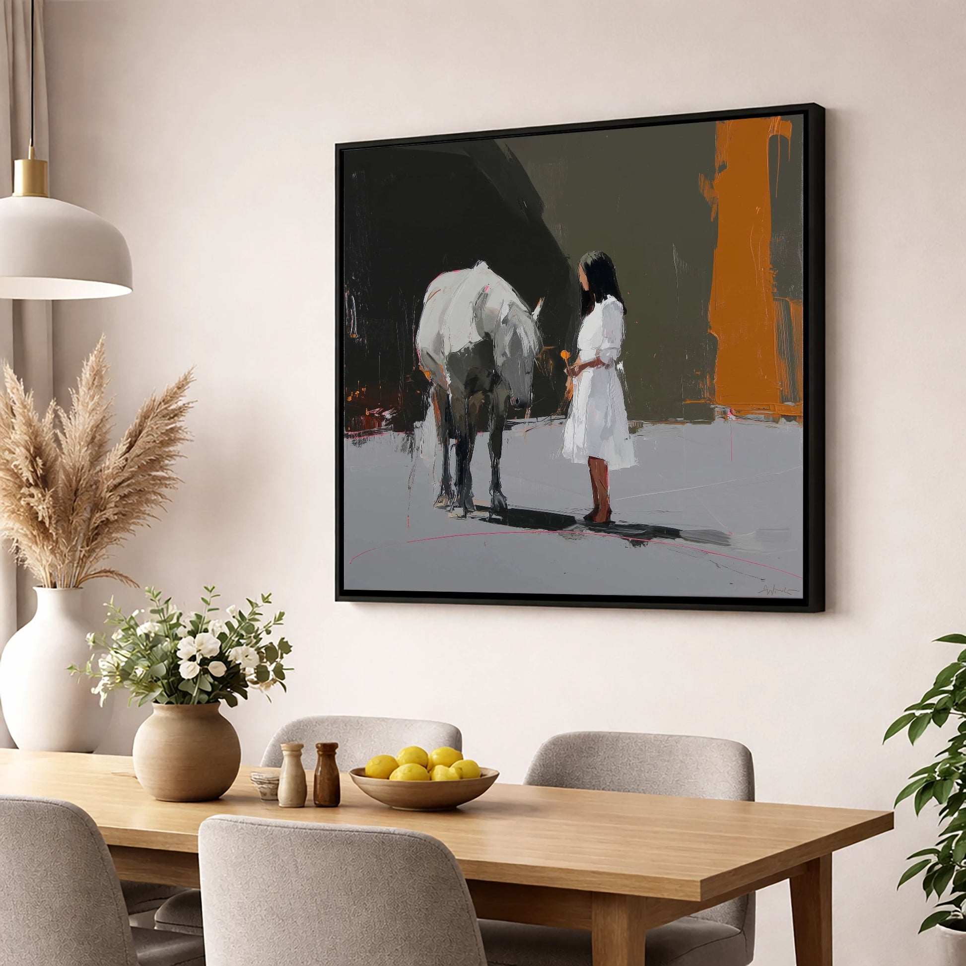 Silent Dialogue horse & rider wall art displayed in a dining room