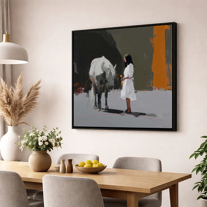 Silent Dialogue horse & rider wall art displayed in a dining room