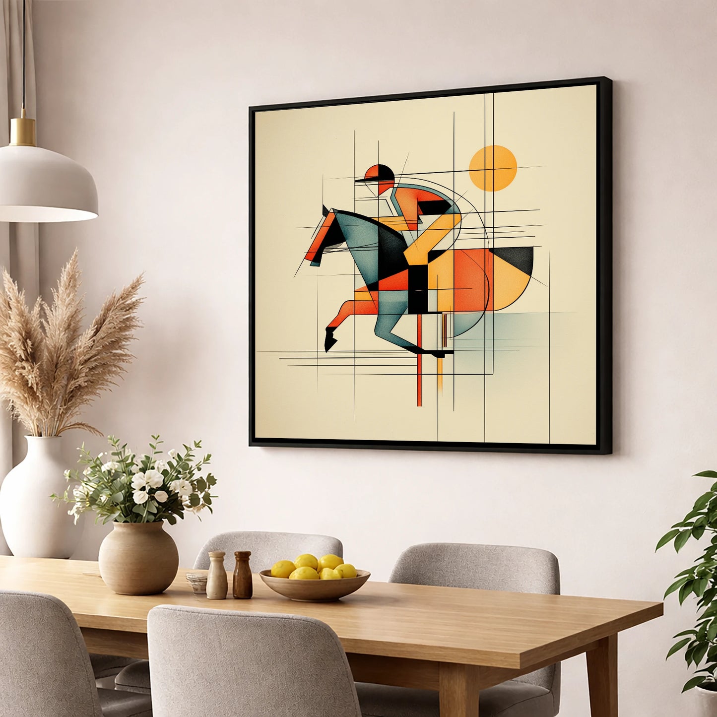 Rhythmic Racing Lines racing horse wall art displayed in a dining room