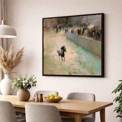 Echoes of the Track racing horse wall art displayed in a dining room