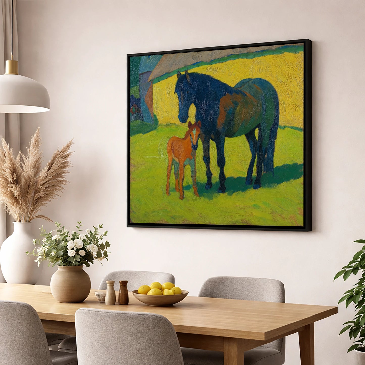 Radiant Pasture Bond mare & foal wall art displayed in a dining room