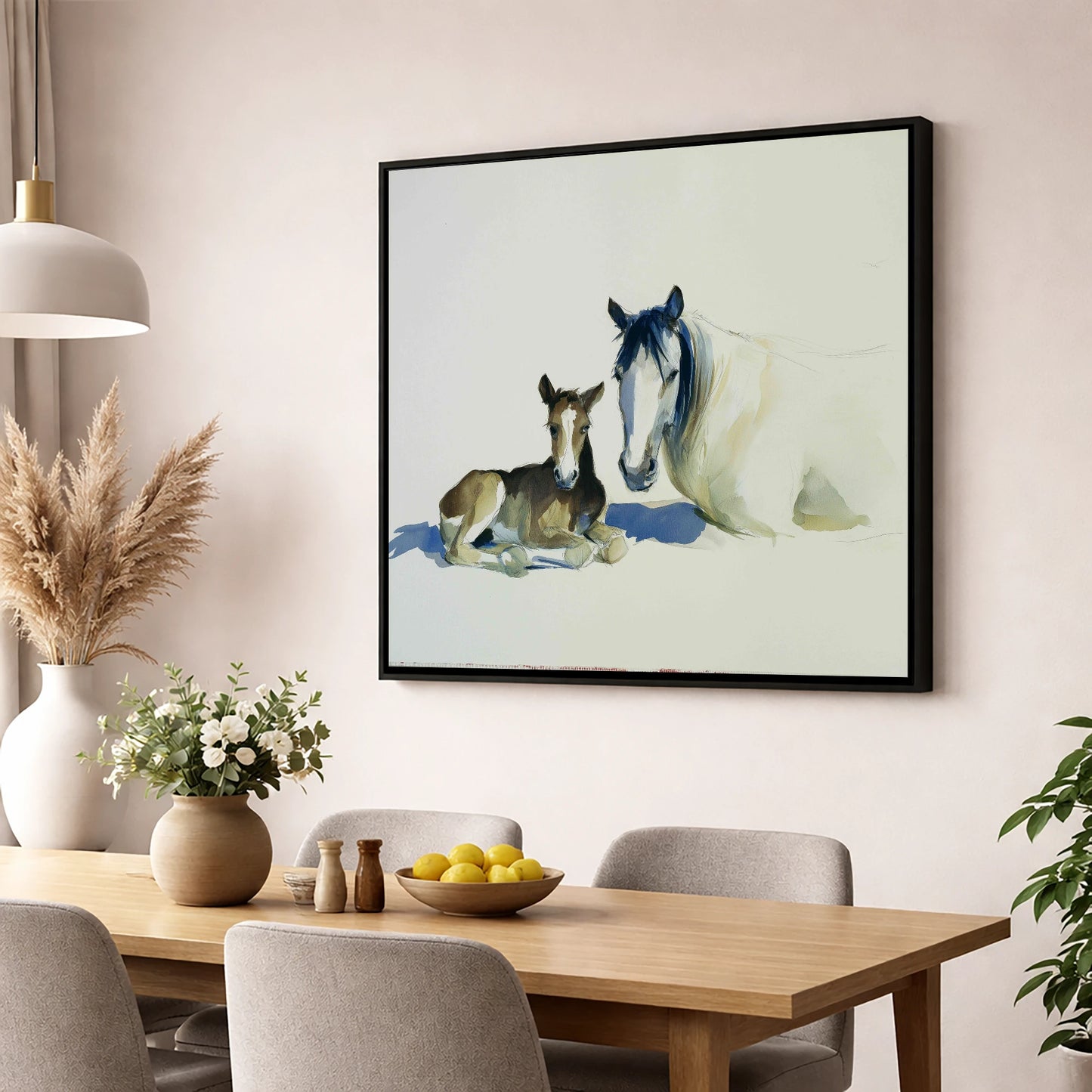 Quiet Devotion mare & foal wall art displayed in a dining room