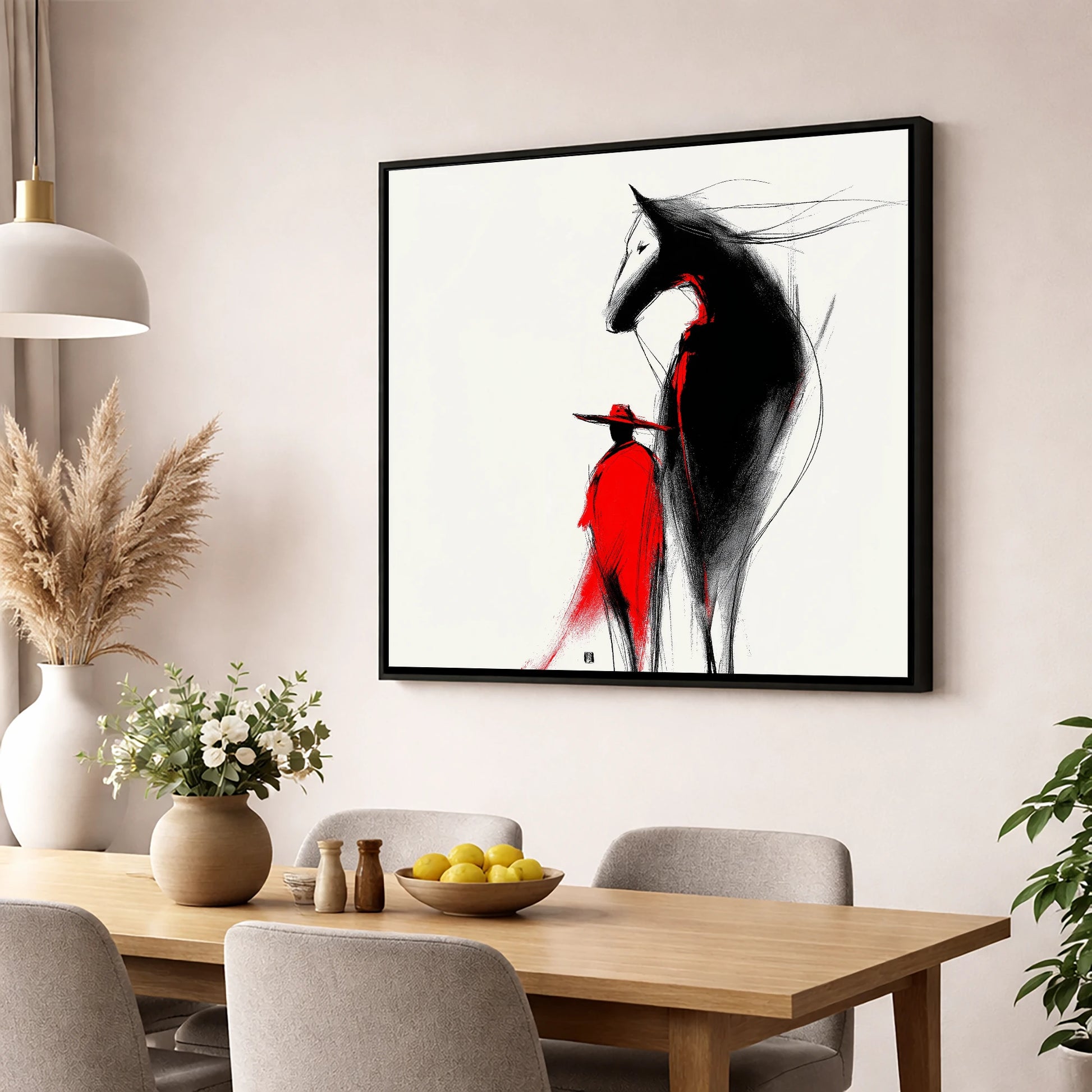 Crimson Rider Silhouette western horse wall art displayed in a dining room