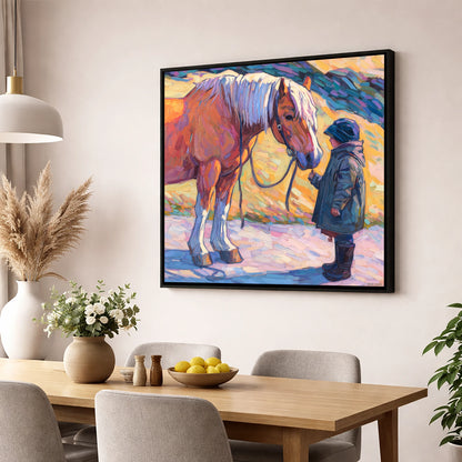 A Gentle Exchange horse & rider wall art displayed in a dining room