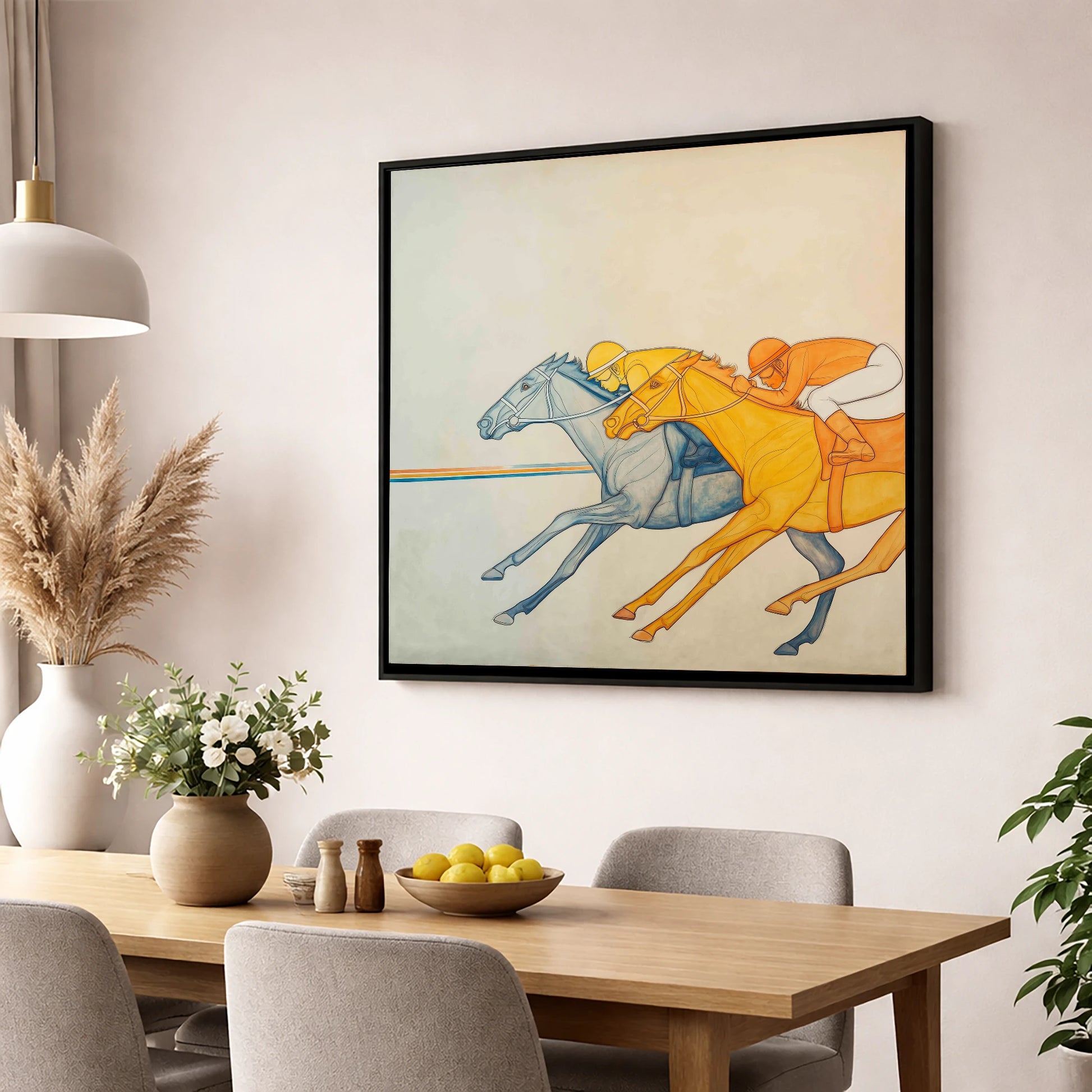 Rhythmic Pursuit racing horse wall art displayed in a dining room